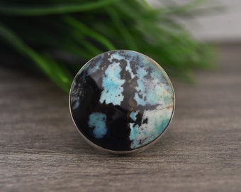 Opalized Wood Ring, Size 8, Azure Blue And Black Color, Statement Ring, Fossil Stone, Opalized Wood Jewelry