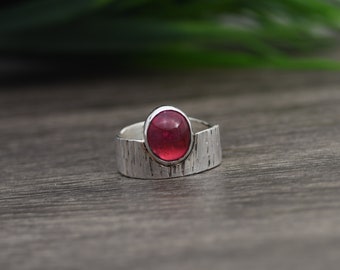 Tourmaline Ring, Size 8.5, Deep Pink Color, Sterling Silver Band, Hammered Ring Band, Rustic Themed Design