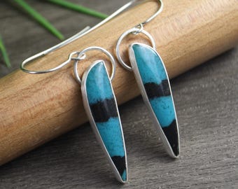 Opalized Wood Earrings, Dangle Style, Fine Silver, Genuine Fossilized Stone, Modern Design