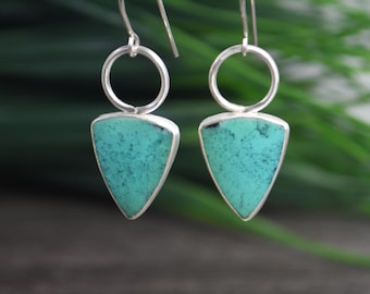 Opalized Wood Earrings: Dangle Style, Turquoise Color, Triangular Shaped Stones, Sterling Silver