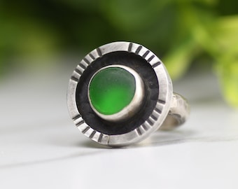 Palm Island Ring, Size 8, English Sea Glass, Sterling Silver, Green Sea Glass, Unique Design