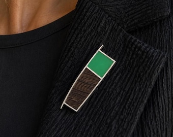 Broche moderne, bois de wengé et résine, argent sterling, thème contemporain, broche artisanale faite main