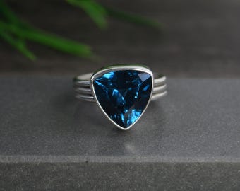 Indicolite Tourmaline Ring: Sterling Silver Art Jewelry, Size 8.5, Lab Created Gemstone