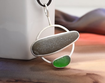 Sea Glass And Beach Stone Necklace, Sterling Silver, Modern Design, Leather Neck Cord, Sea Glass Jewelry