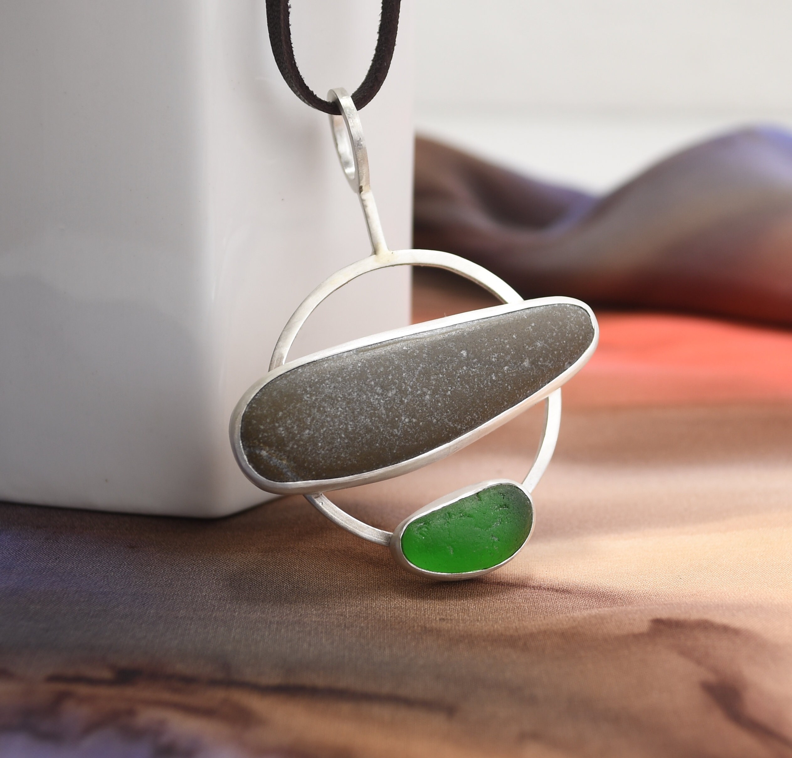 Sea Glass & Beach Stone Necklace: Sterling Silver, Modern Leather Cord