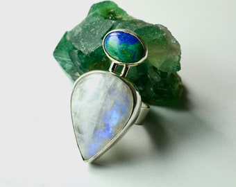 Twilight Moon Ring, Size 8.5, Moonstone And Azurite Ring, Sterling Silver, Statement Ring