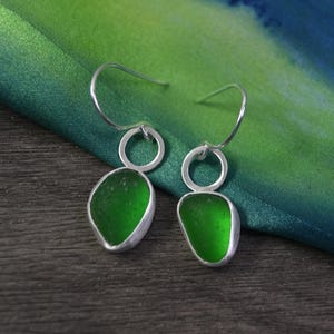 Emerald Green Sea Glass Earrings: Sterling Silver Dangle, English Beach Glass