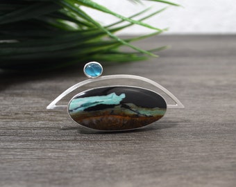 Opalized Wood Brooch With Apatite Gemstone, Sterling Silver, Contemporary Design, One Of A Kind Brooch