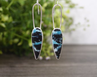 Opalized Wood Earrings, Dangle Style, Cerulean Blue And Black Colors, Fine Silver, Genuine Fossilized Stone, Modern Design