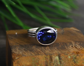 Inky Blue Sapphire Ring: Sterling Silver Art Jewelry, Size 8.0, Lab Created Gemstone