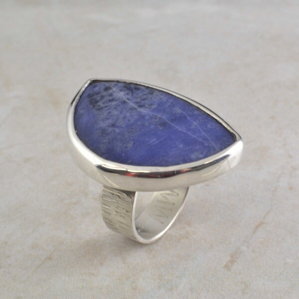 Modern cocktail statement ring in sterling silver with dumortierite stone size 8