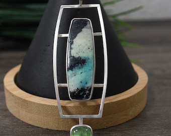 Opalized Wood And Tourmaline Gemstone Pendant, Modern Design, Sterling Silver, One Of A Kind Design, Statement Jewelry