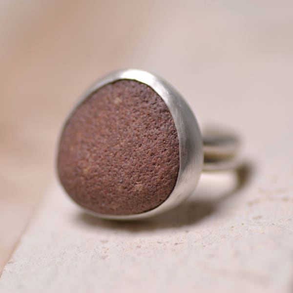 Sterling Silver Stone Pebble Ring, Woman's Size 7-1/2 Ring, Natural Lake Stone, Contemporary Jewelry, Recycled Materials, Modern