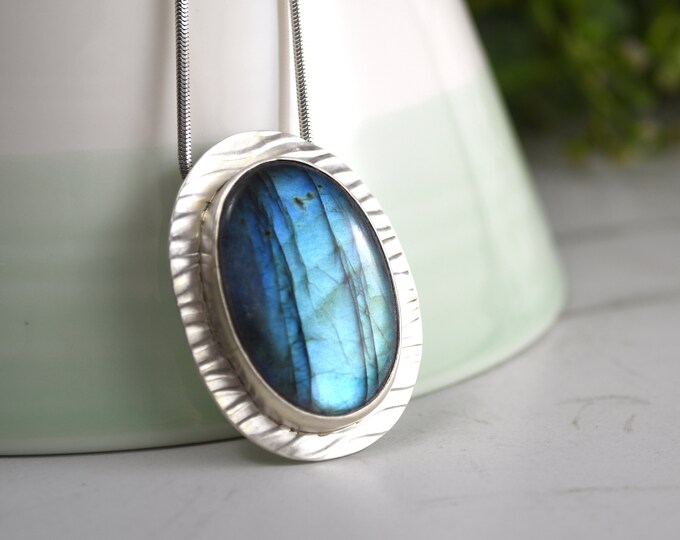 Northern Lights Pendant, Labradorite, Flash Blue Color, Fine Silver