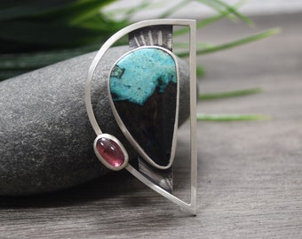 Opalized Wood Brooch With Tourmaline Gemstone, Sterling Silver, Contemporary Design, One Of A Kind Brooch