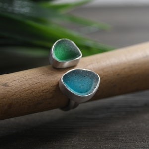 Sea Glass Ring, Size 6.5, English Sea Glass, Adjustable, Double Pebble Design, Sterling Silver, Accent Ring, Multi-Colors