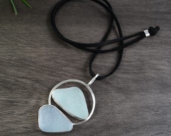 Collier Seaham en verre de mer anglais : pendentif en argent sterling bleu pâle et vert menthe
