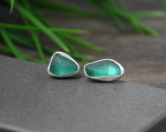 Teal Blue Sea Glass Post Back Earrings: Fine Silver, English Beach Pebbles