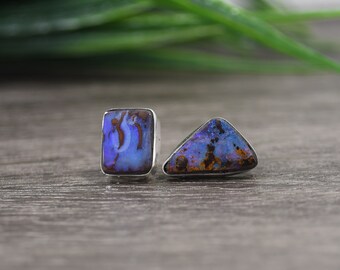 Opal Stud Earrings, Genuine Boulder Opals, Fine Silver, Mis Matched Stones, Australian Opal Jewelry, Handmade Earrings