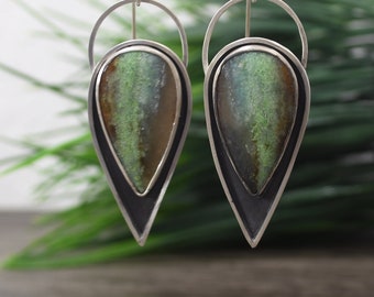 Opalized Wood Earrings, Dangle Style, Green And Ochre Colors, Fine Silver, Genuine Fossilized Stone, Modern Design