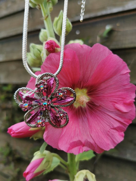 Necklace With Pink Flower Pendant Etsy Canada