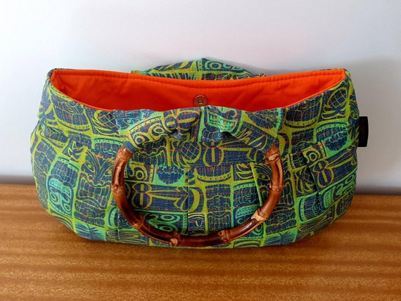 Green Tiki Handbag With Bamboo Handles, Purse, Retro Green Tiki Handbag With Bamboo Handles, Purse, Retro