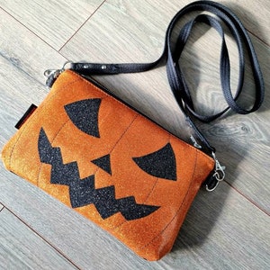 Jackolantern pumpkin crossbody bag, Halloween purse, glitter vinyl, sparkle vinyl, jack-o-lantern, spooky