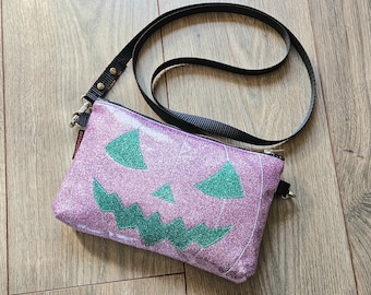 Jackolantern pumpkin crossbody bag, lavender and aqua, Halloween purse, glitter vinyl, sparkle vinyl, jack-o-lantern, spooky