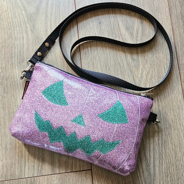 Jackolantern pumpkin crossbody bag, lavender and aqua, Halloween purse, glitter vinyl, sparkle vinyl, jack-o-lantern, spooky