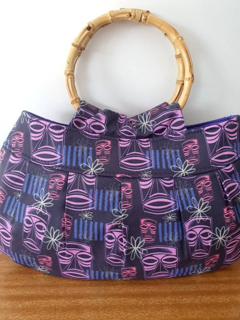 Purple Tiki Style Bamboo Handle handbag, purse, retro, rockabilly, tropical, luau, Hawaiian, Polynesian image 3