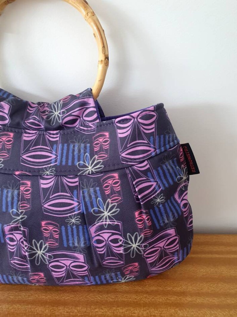 Purple Tiki Style Bamboo Handle handbag, purse, retro, rockabilly, tropical, luau, Hawaiian, Polynesian image 4