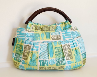 Bolso de cabeza Tiki, grern aqua y lima, mango de bambú de ratán, bolso, retro, rockabilly, tropical, luau, hawaiano, polinesio