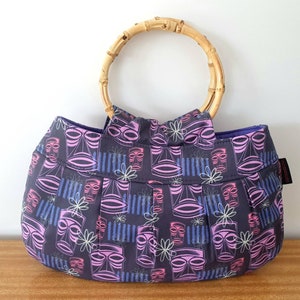 Purple Tiki Style Bamboo Handle handbag, purse, retro, rockabilly, tropical, luau, Hawaiian, Polynesian image 1