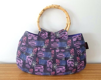 Purple Tiki Style Bamboo Handle handbag, purse, retro, rockabilly, tropical, luau, Hawaiian, Polynesian