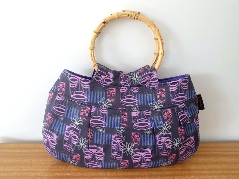 Purple Tiki Style Bamboo Handle handbag, purse, retro, rockabilly, tropical, luau, Hawaiian, Polynesian image 1