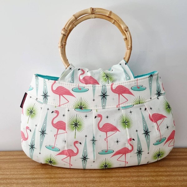 Bright Flamingo purse, mid century bag, Bamboo Handle handbag, tiki purse, retro, rockabilly, tropical, atomic, mcm, atomic