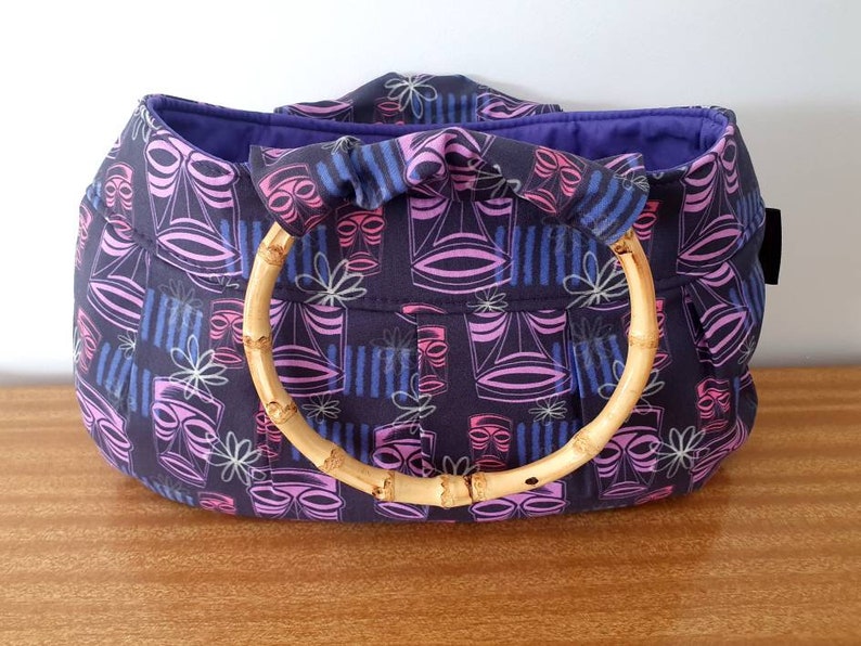 Purple Tiki Style Bamboo Handle handbag, purse, retro, rockabilly, tropical, luau, Hawaiian, Polynesian image 6