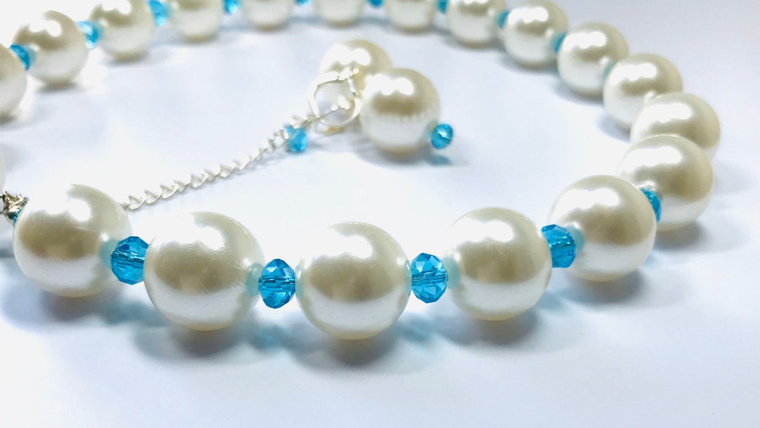 Collier Vintage Long 60cm - Fausses Perles Blanches, Turquoise Et Irisées Facettées