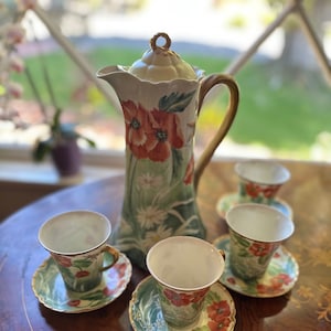 Antique Haviland Chocolate Pot With 4 Cups and Saucers Hand Painted Poppies Daisies