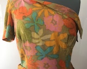 1960s Dress Vintage 60s Dress Linen California Floral Hawaiian Tropical One Shouldered Sarong Wrap