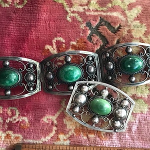 SaleVintage Early Mexican Bracelet and Brooch Set Taxco Green turquoise and silver image 1