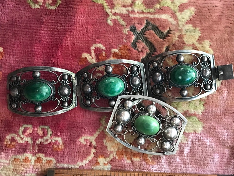 SaleVintage Early Mexican Bracelet and Brooch Set Taxco Green turquoise and silver image 1