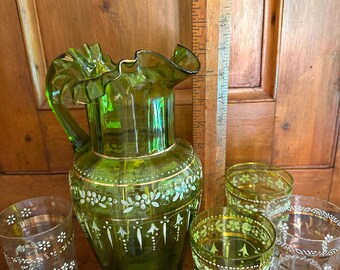 Antique Handblown Green Glass Lemonade Pitcher and Glasses Set
