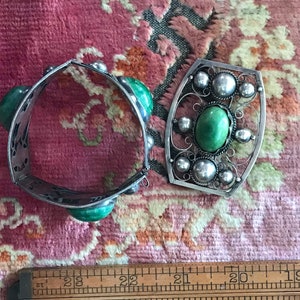 SaleVintage Early Mexican Bracelet and Brooch Set Taxco Green turquoise and silver image 5