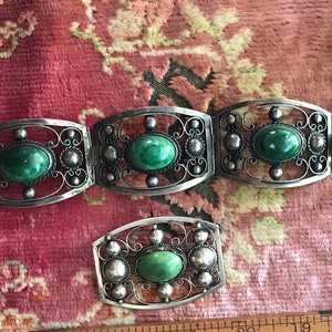 SaleVintage Early Mexican Bracelet and Brooch Set Taxco Green turquoise and silver image 9