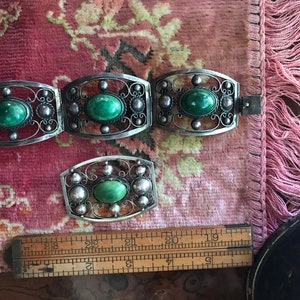 SaleVintage Early Mexican Bracelet and Brooch Set Taxco Green turquoise and silver image 4