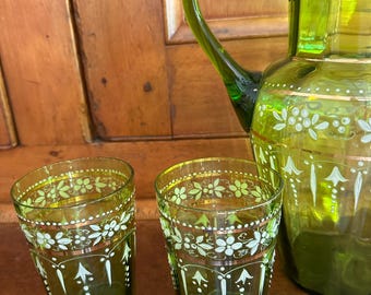 Antique Handblown Green Glass Lemonade Pitcher and Glasses Set