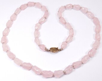 Old Chinese Rose Quartz Polished Nugget Beaded Necklace Hand Knotted