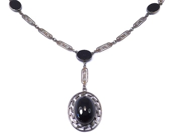 Art Deco Necklace Sterling Silver Onyx Pendant