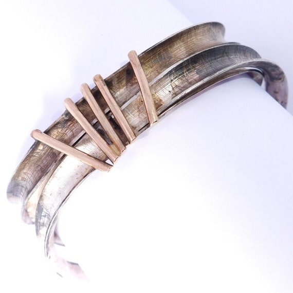 Modernist Bangle Bracelet 14k Sterling Silver Sig… - image 9